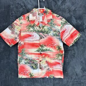 KALAHEO Mens Hawaiian Shirt Aloha Tropical Palm Trees Beach Scene Red Size S